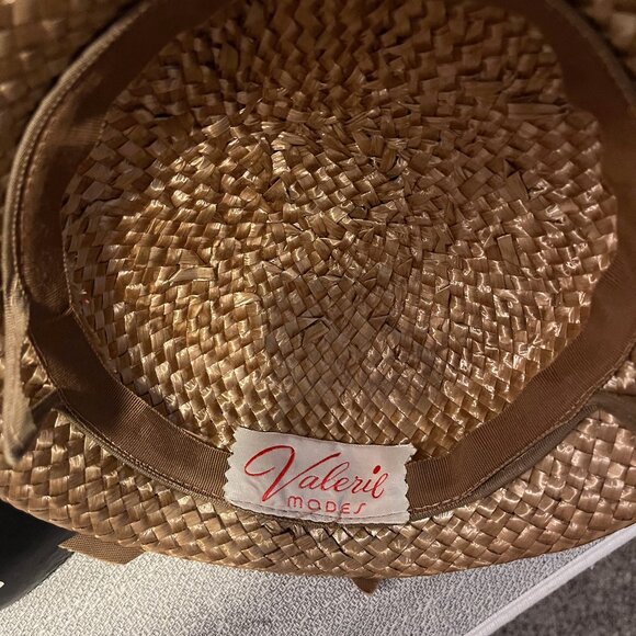Vintage 1950s Valerie Modes Woven Straw Hat, netting, velvetribbon,satin flowers
